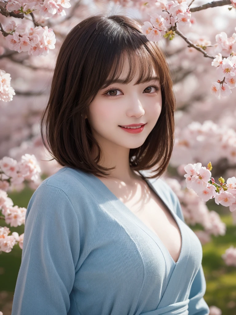 masterpiece, best quality, illustration, ultra-detailed, finely detailed, high resolution, 8K wallpaper, perfect dynamic composition, beautiful detailed eyes, cherry blossoms, traditional clothing, medium hair, small breasts, natural color lips, gentle pose, smile, looking at camera
