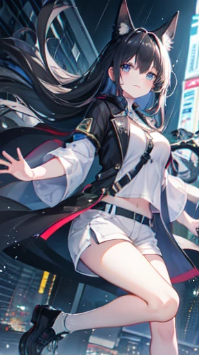 1girl, long hair, 8K, Highest image quality, highest quality, masterpiece, detailed face, 8K, masterpiece, ultradetailed, black hair, blue eye, white shirt, short pants, smile, waving hands,background on the night city, raining, car light road background, NEGATIVE_HAND,NEGATIVE_HAND-NEG, an14