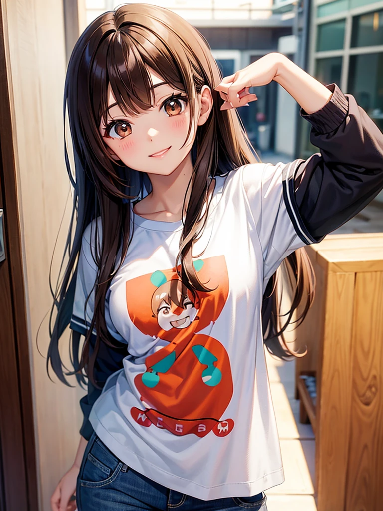 a girl who has brown hair, loose, who wears sweatshirt, happy smiling with eyes closed jumping
