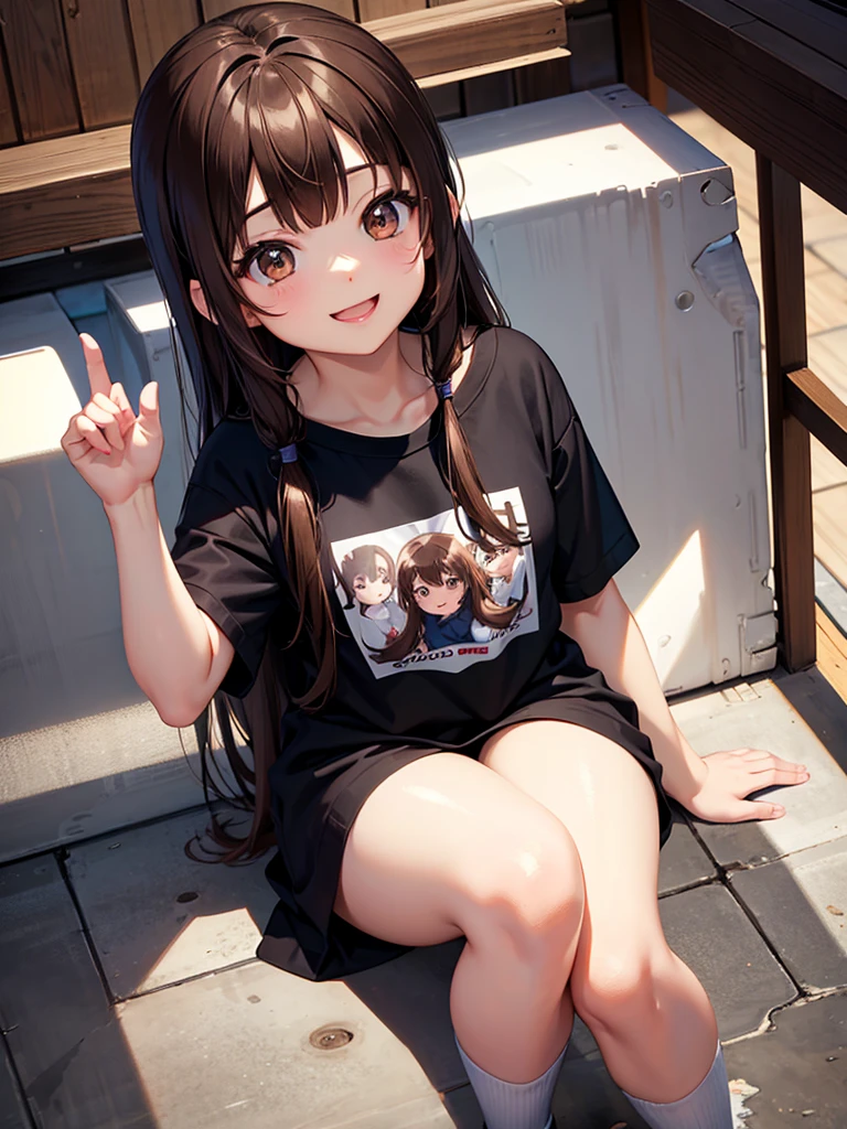 Brown hair. Anime girl. Asian girl. Ulzzang. Brown eyes. Smiling. T-shirt.