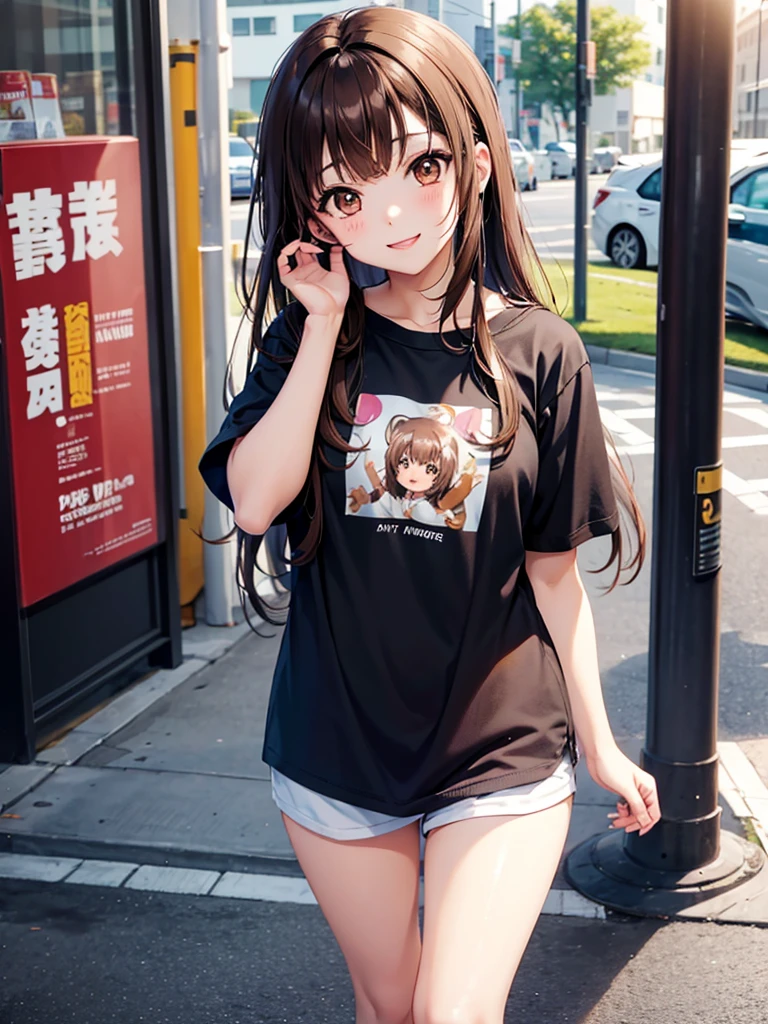 Brown hair. Anime girl. Asian girl. Ulzzang. Brown eyes. Smiling. T-shirt.
