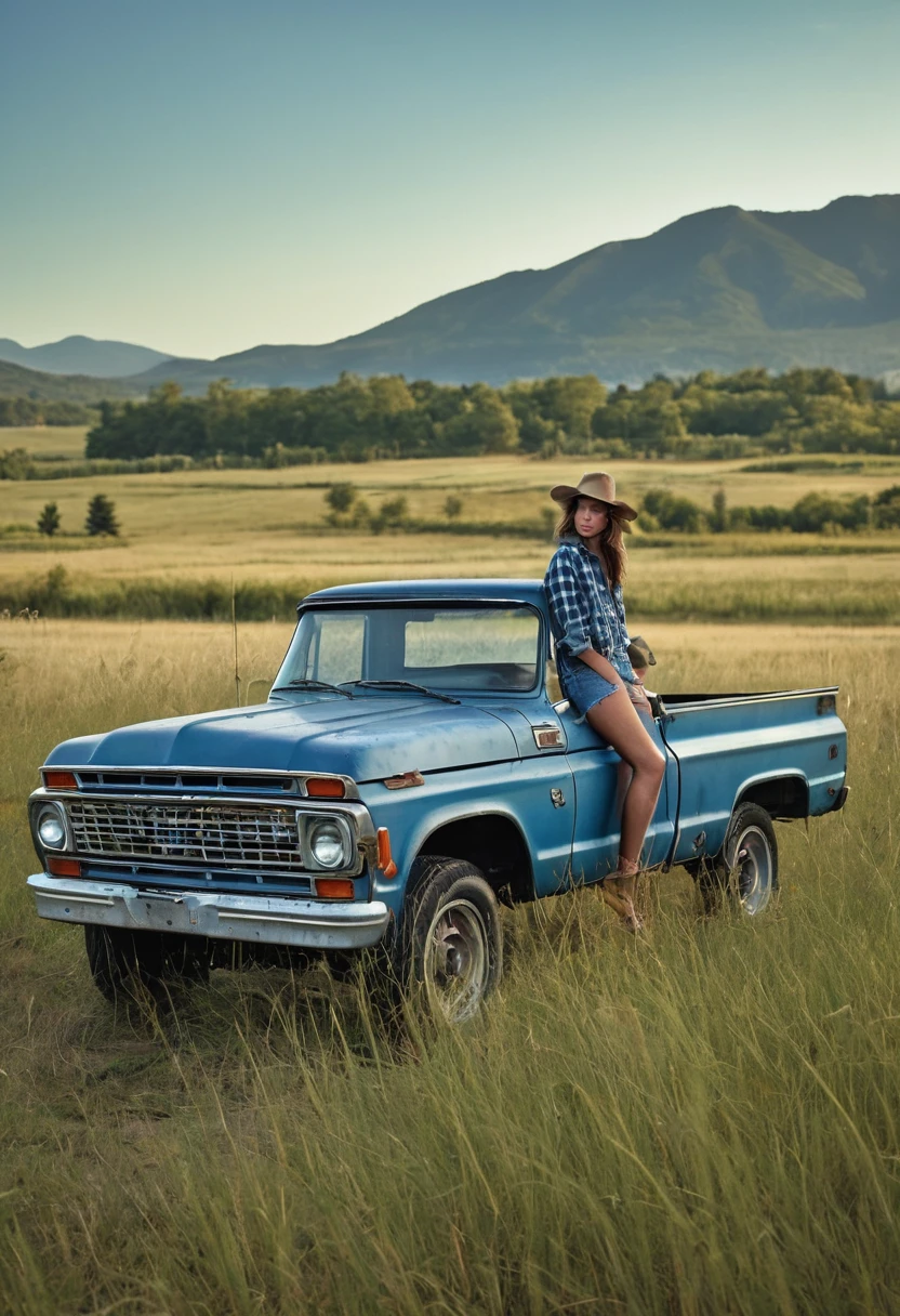 A stunning medium range shot photo by Steven Klein of a young supermodel in flannel shirt and denim pants perched atop an old, weathered blue matte pickup truck. She exudes confidence and grace as she poses barefoot amidst tall wild grass. The rustic fence and quaint farmhouse in the background hint at a serene countryside setting. A majestic mountain row looms in the distance, adding depth and scale to the scene. The overall atmosphere of the photo is natural and serene, capturing the essence of a perfect summer day., photo