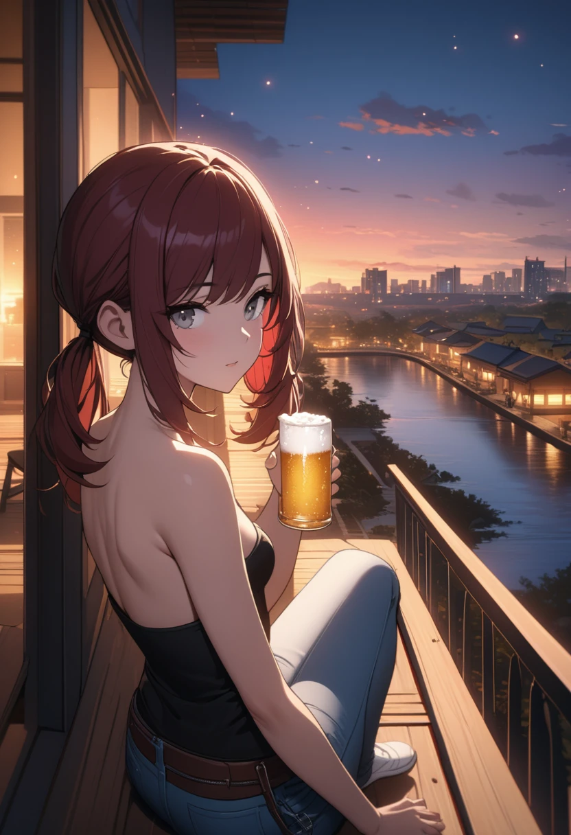 (masterpiece:1.2, Best Quality), (finely detailed beautiful eye: 1.2), (beautiful detailed face), High contrast, (Best Illumination, extremely delicate and beautiful), ((Cinematic Light)), Highest Quality, masterpiece, light particles, Best quality, masterpiece, from behind, stoic young woman with gray eyes drinking beer while sitting on balcony and looking out at city, dark red hair in low twin tails, swept bangs, side bangs, strapless white shirt with no bra, underwear, toned arms, big breasts, creek, outdoors, dusk, lights, tropical, clouds,teal buildings, white steps, fence, road, people in background