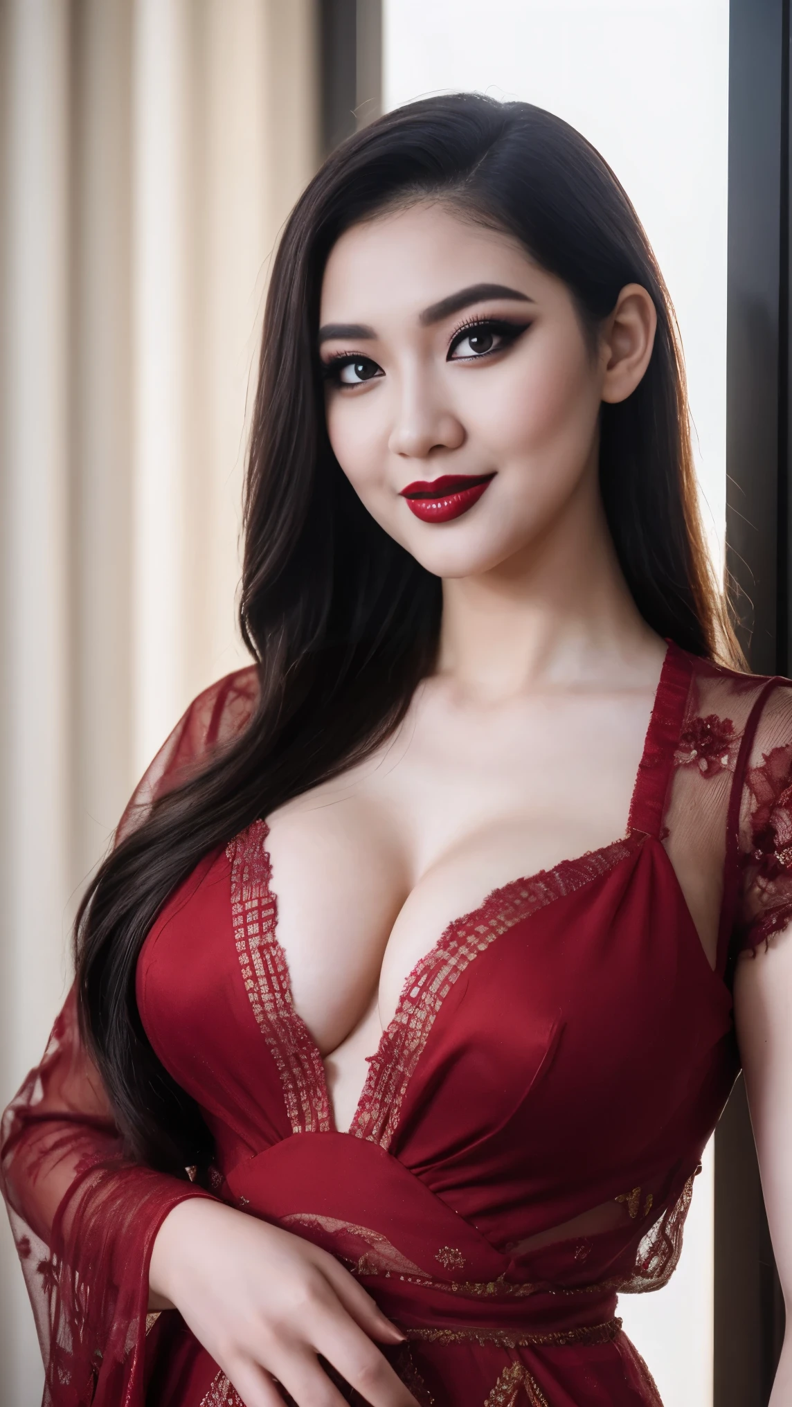 instagram photo, closeup face photo of 23 y.o Chloe in kebaya, Red Lipstick, sensual Lipstick, Sensational Make Up, cleavage, pale skin, (smile:0.4), hard shadows, black G-STRING, bright lighting 