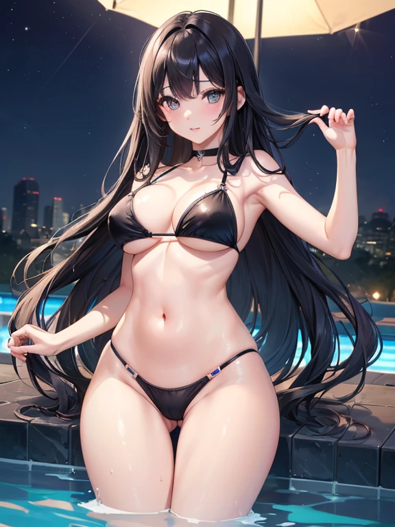 ((Highest quality))、((masterpiece))、(detailed)、((Anatomically correct))、One Woman、aldult、adult、(Look at me)、(Ultra-glossy skin with attention to detail:1.1)、Glowing Skin、bangs、long hair、Wavy Hair、Shiny black hair、(Beautiful Eyes:1.3)、Slender figure、E Cup、Accentuate the cleavage、Colorful Bikinis、Night Pool、Night view、Perfect lighting
