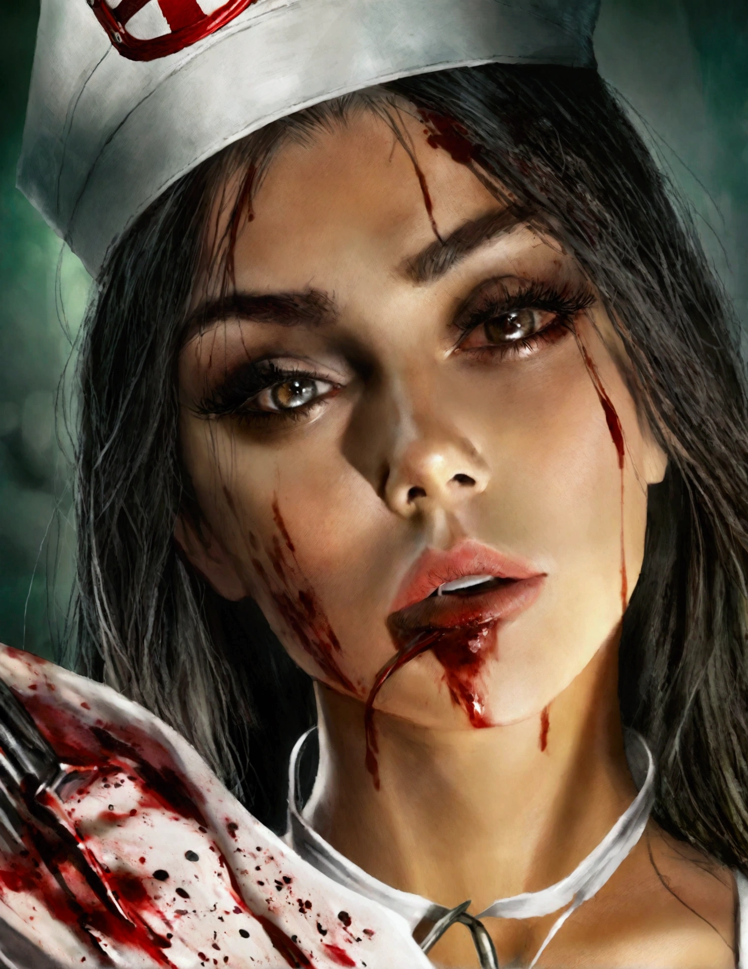 Mila Kunis,25 years old,beautiful detailed eyes,beautiful detailed lips,extremely detailed eyes and face,longeyelashes,sultry pose,dirty dangerous sexy nurse lingerie, sexy nurse hat, face mask (dangling and bloody) holding up a bone saw,horror,blood spatter,hospital room,oil painting,chiaroscuro lighting,dark moody colors,cinematic composition,hyper realistic,8k,masterpiece,unreal engine,dramatic lighting
