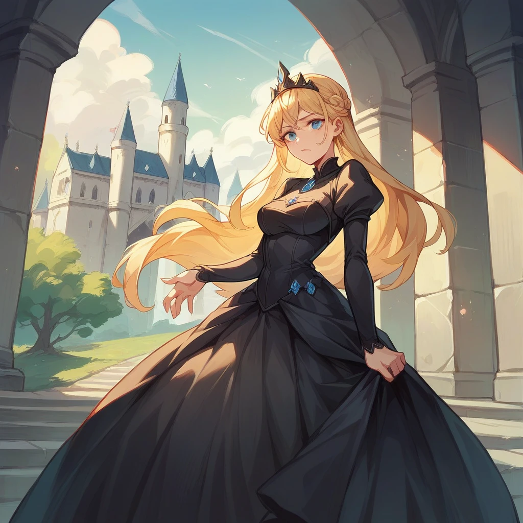 princess in a castle. blonde hair, blue eyes and black dress.
