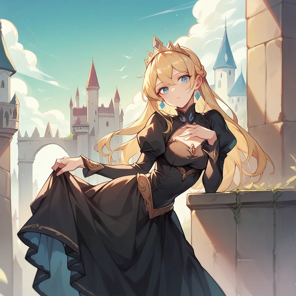 princess in a castle. blonde hair, blue eyes and black dress. 