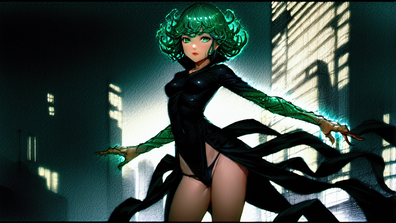 work of art, best qualityer, CG 8k, (colorfully), tatsumaki, one punch man, 1 girl, Volumetric Light, Body cute, fully body, ideal feminine image, corpo sexly, nice legs, eyes glowing green, rosy cheeks, gazing at viewer, visible legs, raised thong panties, black gown, (Transparent robe), sexly, medium breasts, a hand on the breast, adult, ideal woman body, 独奏, (Hyperrealistic arm anatomy), (Anatomia sexly das pernas), (clean skin), (cinematic lighting: 1.7), (respondents), (Tecnologia NVIDIA RTX Ray Tracing), (Hyperrealistic arm anatomy: 2), fund: blue sky, buildings, green fireflies in the air