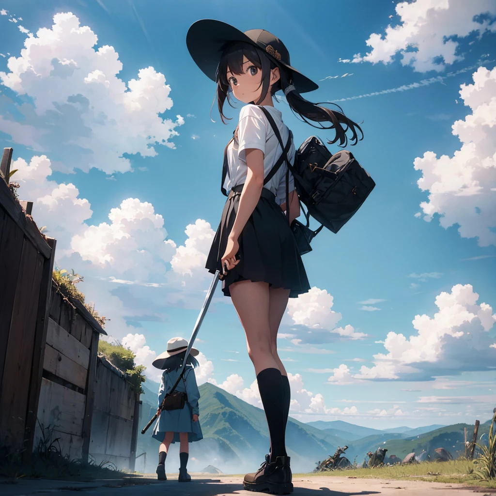 girl, outdoors, standing, clouds, 1boy, katana, from behind, sky, cloudy sky, holding weapon, eastern dragon, monster, 1other, hat, fog