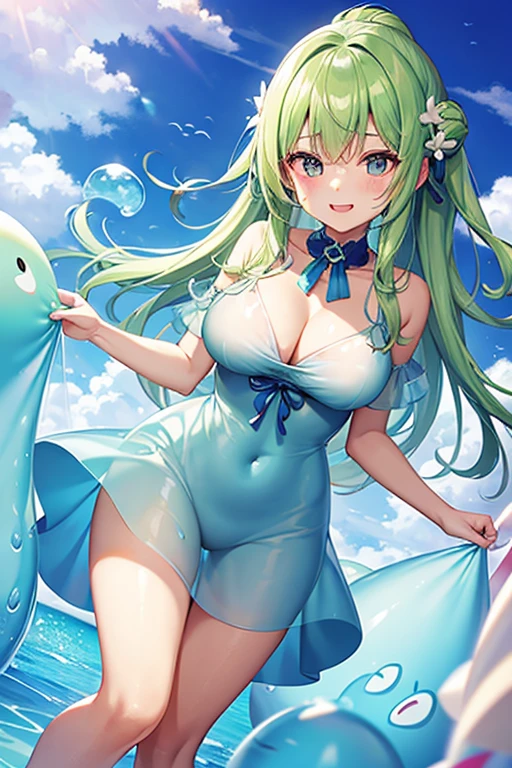 1girl, nsfw,  kokonoeshinobu, 
green hair, swept bangs, long hair, yellow eyes,  green hair, swept bangs, long hair, yellow eyes,  large breasts, , nipple, , Peeing, lactation, projectile lactation, floating island, 石の壁の前に立つ, frozen, wet, crying , empty eyes , Naked, , (1girl) ,solo