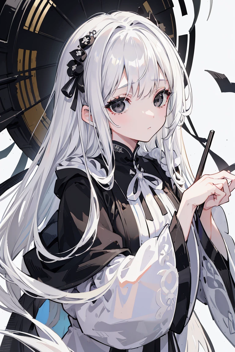 (Top image quality)、(Very detailed)、(Facing forward)、Top quality、masterpiece、(((1 girl )))、Silver Hair、White hair、((Long hair))、Weaving、(black eyes:1.6)、(White and black cheongsam)、Hooded dress、Lots of decorations、Lots of ribbons、White Ribbon、She looked grim.、Fluffy loose hair、Hanfu