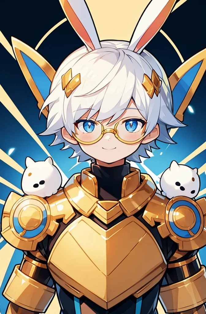 A boy with striking white hair、The bunny ears are very big、Golden armor、Siamese、Smile、Mechanical blue glasses and clothing、Center the character,Complete body,Background white