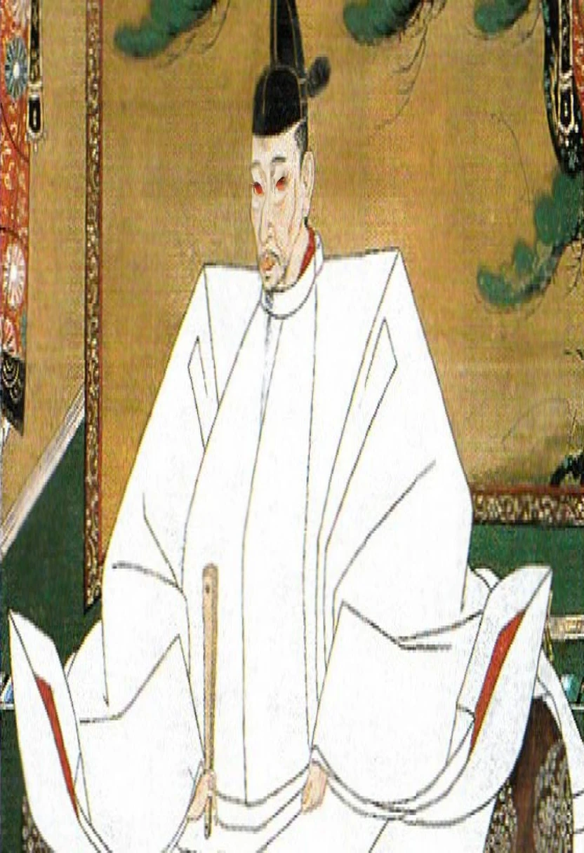 Arafed painting of a man wearing a white robe and hat sitting on a chair, red eyes,Katsura Masakazu, Yukinobu Hoshino, masakazu katsura, shikanosuke yagaki, From the Sengoku period, Inspired by Sesshu Toyo, Shogun, Feudal Japan, or period
