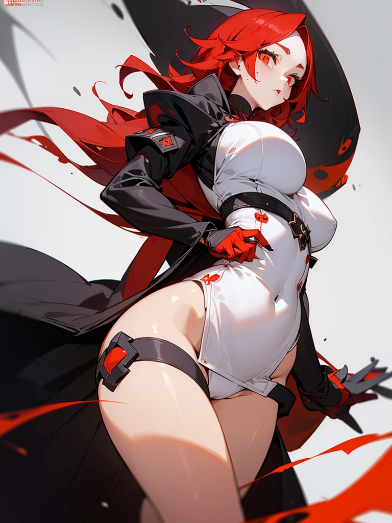 Woman with blood red hair, hypdertailed, white clothing with black details, eyes with orange stars, (Big Breasts 1.5, Broad Hips) black gloves, black shoe, tapa okho preto