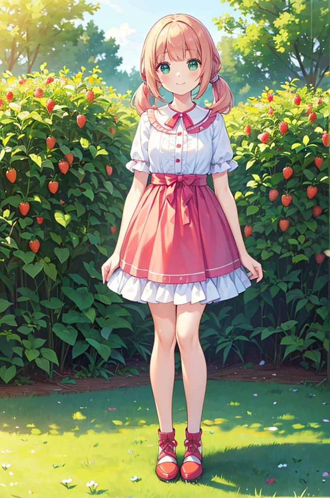 Full body ,dynamic Standing ,(realistic:1.37)、Octane rendering、morning park、Strawberry set、The girl has a twin tail hairstyle and a smile.、Strawberries fall from the sky、Bright colors、soft sunlight、beautiful flowers、green grass、Fun atmosphere、Quiet environment、Fine texture、Bright colors、Cute shoes and accessories、he looks happy , (Full body:1.5), Blank white background, (white background), Transparent background, looking down, ((masterpiece, illustration, best quality)) 