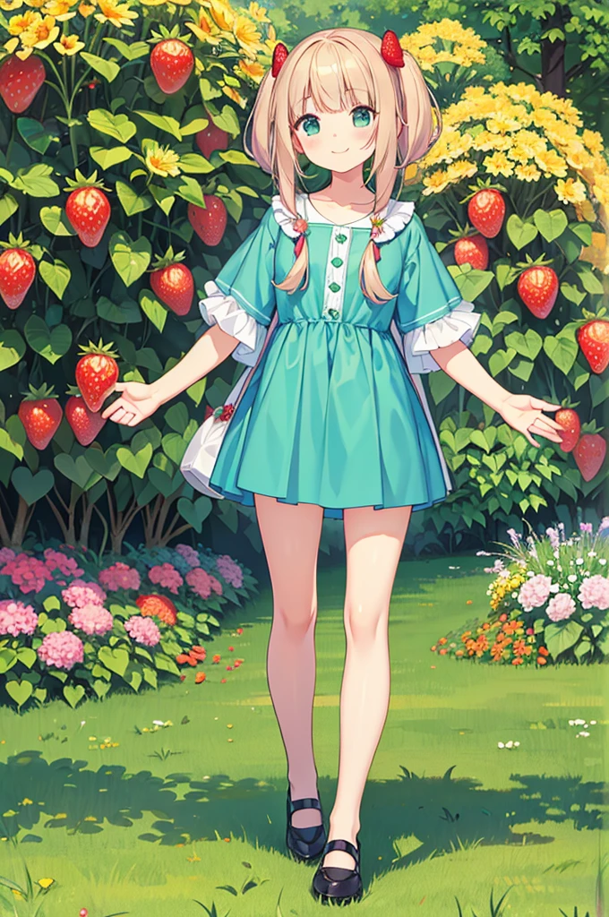 Full body ,dynamic Standing ,(realistic:1.37)、Octane rendering、morning park、Strawberry set、The girl has a twin tail hairstyle and a smile.、Strawberries fall from the sky、Bright colors、soft sunlight、beautiful flowers、green grass、Fun atmosphere、Quiet environment、Fine texture、Bright colors、Cute shoes and accessories、he looks happy , (Full body:1.5), Blank white background, (white background), Transparent background, looking down, ((masterpiece, illustration, best quality)) 