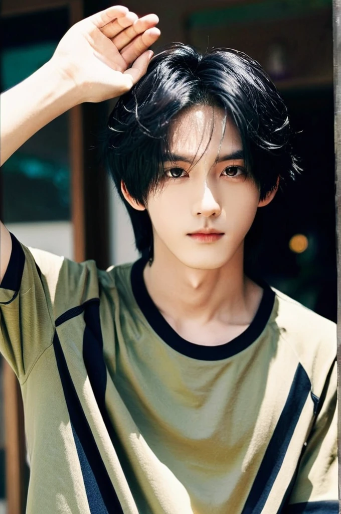 One boy、Young man with black hair（Mash Straight)((Long Hair)），With nape、Long enough to cover the earale K-Pop Idols、Levi Ackerman、Medium portrait、chop、Beautiful Model、Oval Face、Vivid、Cafe、（In a dark room）、The whole body is shown、((Full body photo))