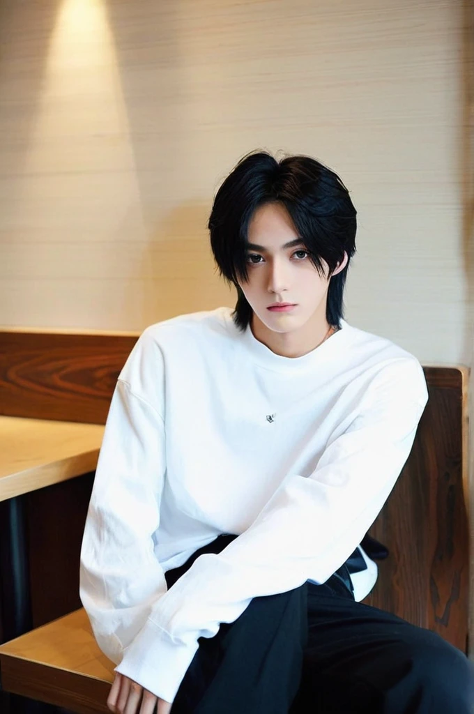One boy、Young man with black hair(Mash Straight)((Long Hair)),With nape、Long enough to cover the earale K-Pop Idols、Levi Ackerman、Medium portrait、chop、Beautiful Model、Oval Face、Vivid、Cafe、(In a dark room)、The whole body is shown、((Full body photo))