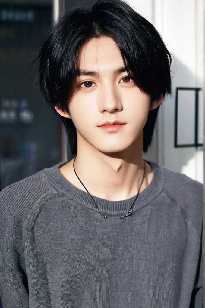 One boy、Young man with black hair（Mash Straight)((Long Hair)），With nape、Long enough to cover the earale K-Pop Idols、Levi Ackerman、Medium portrait、chop、Beautiful Model、Oval Face、Vivid、Cafe、（In a dark room）、The whole body is shown、((Full body photo))