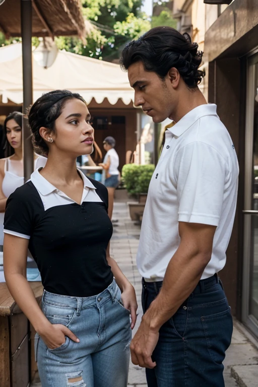 mature man, short curly black hair , tez moreno ,Casual clothes, they talk and look at each other , a young woman with her hair in a bun ,the man argues with his friend ,  , The woman has a white short-sleeved polo shirt and blue jeans.. , with apron , tez morena

