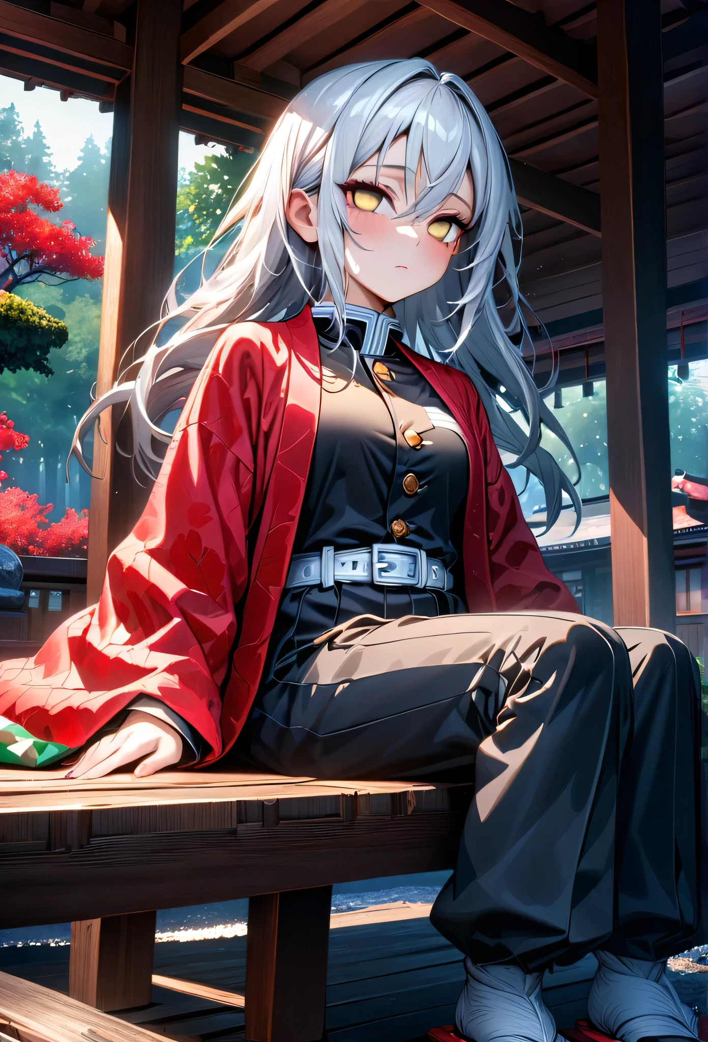 Ultra detailed, high resolution, absurd, HDR, masterpiece, anime girl, beautiful woman, long white hair with red streaks, expressive yellow eyes, red haori, black demon slayer uniform, wearing black pants,Kimetsu No Yaiba, fantasy , petals, red flowers, beautiful, woman sitting alone on a wooden bench, alone, afternoon, sun, forest next to a Japanese house, best quality, extremely detailed face and eyes, expressionless, apathetic, dark circles under the eyes of someone who hasn't slept