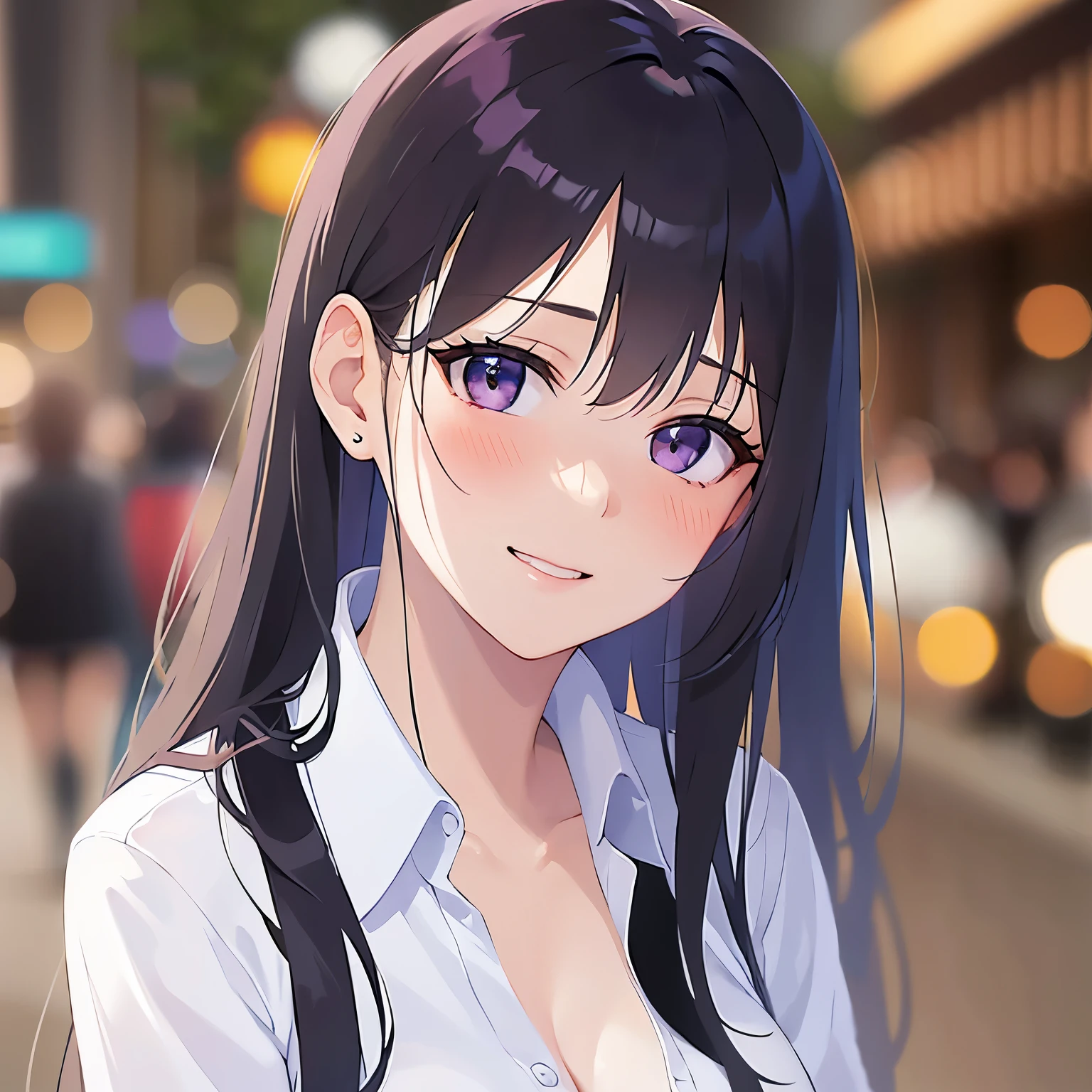 head tilt、hand on own face、looking up, cleavage、Upper Body, Realistic, real person, (pale skin: 1.2), RAW photo, photorealistic, shiny skin, shiny hair、(A 25-year-old woman with straight hair and bangs) and (medium hair) and (black hair) and (purple eyes) , (white collared shirt:1.5)、(grin:1.2), (blush:1.5), The background is a shopping street at night、Alone、Are standing