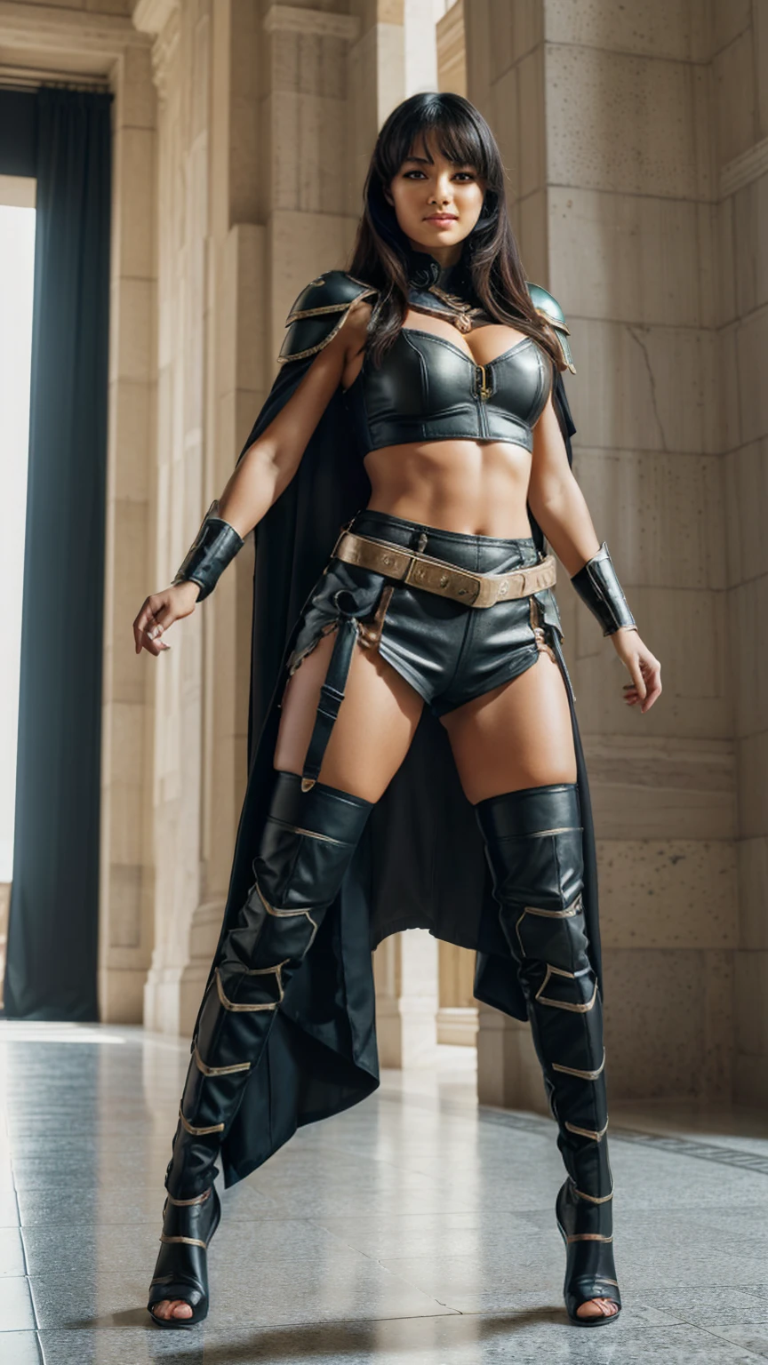 (((full body photo))) (((Female Gladiator of Rome), (Dressed in sexy armor shorts), (Black and white colors), stockings, torn cape, white disheveled hair, (Smirk), ((sexy pose, Sexy clothes)), (skin texture:1.1), (very detailed face:1.1), Highly detailed body, Highly detailed clothing, (masterpiece), (realistic), ultra high resolution, 8 k, ultra high resolution, granularity, photo by Arnie Freytag