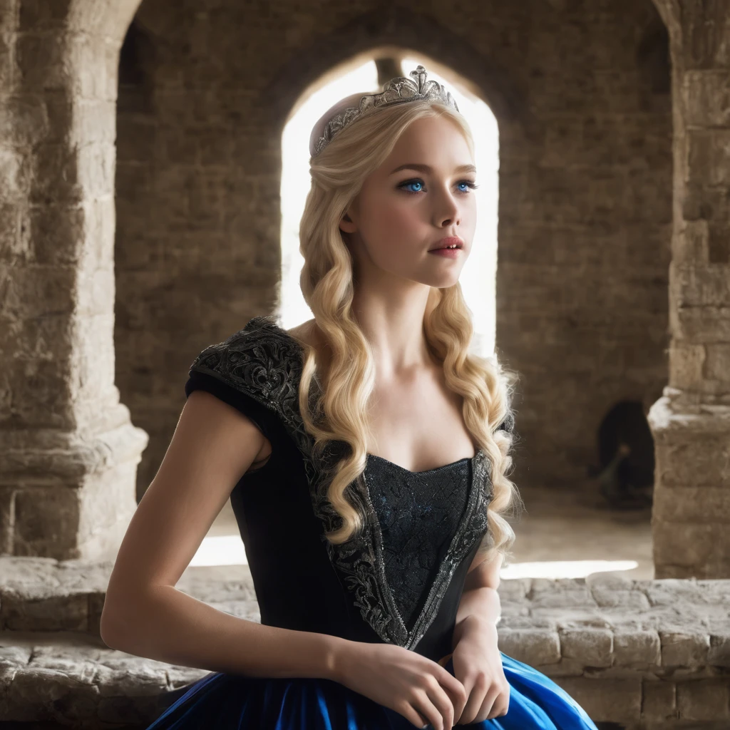 princess in a castle. blonde hair, blue eyes and black dress.