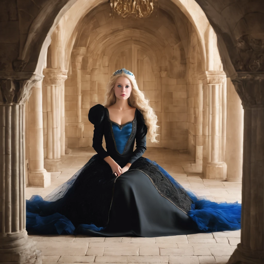 princess in a castle. blonde hair, blue eyes and black dress. 