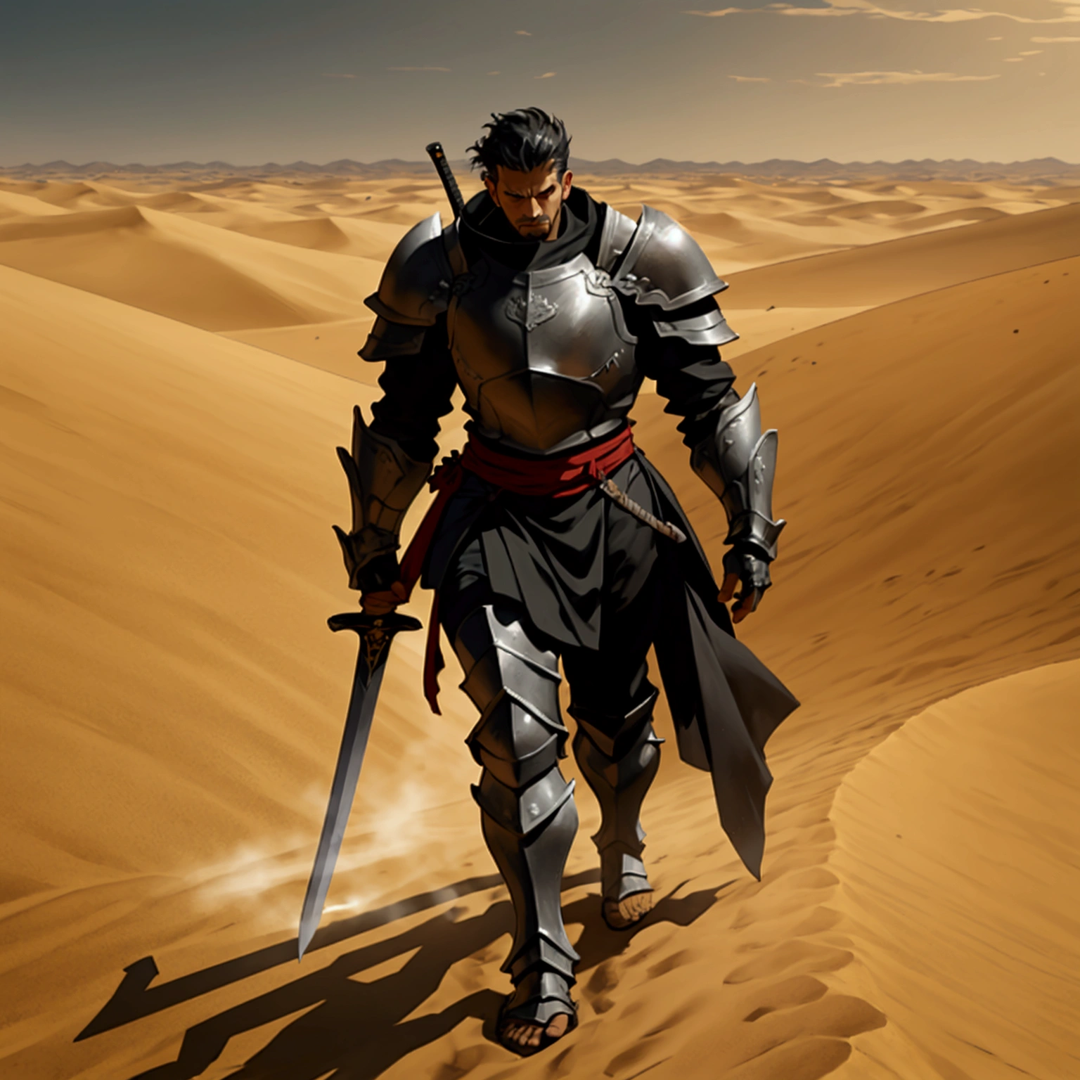 A dramatic image, a strong man in black armor and a large sword on his back, He is walking on the desert sand leaving