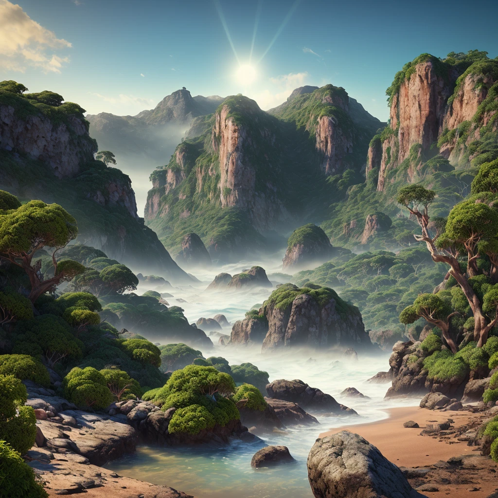 a mysterious island, lush tropical foliage, rocky cliffs, crashing waves, ancient ruins, glowing bioluminescent mushrooms, shimmering mist, moody lighting, dramatic shadows, vibrant colors, intricate details, (best quality,4k,8k,highres,masterpiece:1.2),ultra-detailed,(realistic,photorealistic,photo-realistic:1.37)