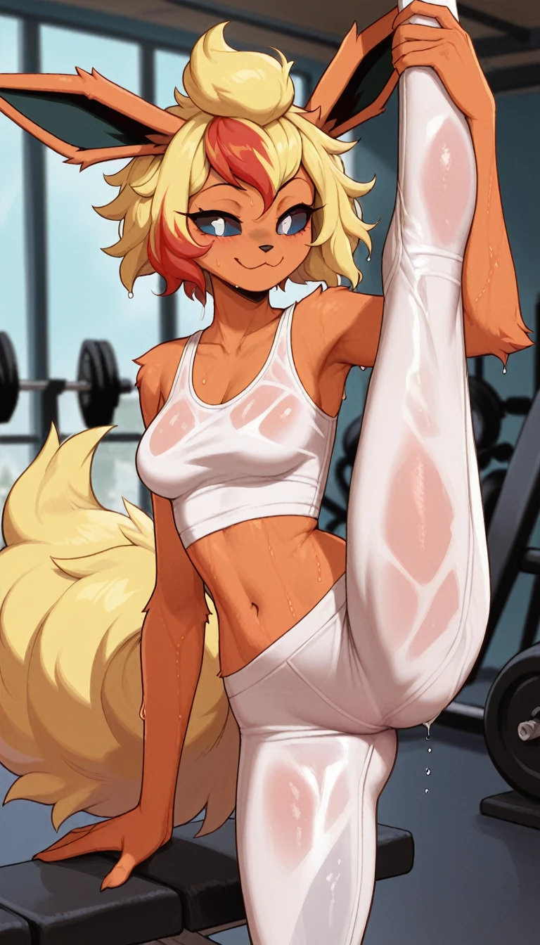 Excited expression, 1girl, anthro, furry, fur, fluffy fur, flareon girl, yellow hair (red highlights), black sclera, white eyes, short hair, Messy hair, (19 years), medium breast, thicc thighs, solo, (gym), detailed, smug smile, white sports top, white sport pants, (sweating), (wet clothes), see-through clothes, standing_split, score_9, score_8_up, score_7_up, score_6_up, score_5_up, score_4_up