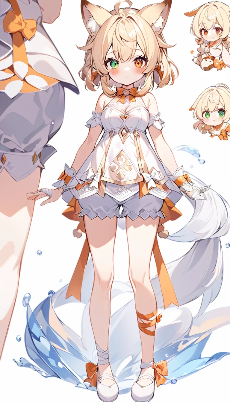 The fox girl,1girl,short hair, The hairstyle is like Klee's,animal ears, bangs, bare shoulders, blonde hair, blush, bow, breasts, white cleavage, cropped torso, , green eyes, hair ribbon, heterochromia, , looking at viewer, , orange bow, orange eyes, orange ribbon, ribbon, solo, stuffed animal, , , twintails, upper body, full-length, white legbands, white shoes with lace and white bows, white background, wrist cuffs, yellow eyes, bloomers, close-up, fair skin frills, lace, midriff, skirt, solo, , white background,shorts, white top with ribbon and lace and trousers,trousers, genshin,white slippers with a bow,All clothes are white, laceAt full height, it stands,bandaged hands, short hair , ankle lace-up, ankle ribbon, bow, leg ribbon, lineart, , shoes, , standing, , white bow, white footwear,