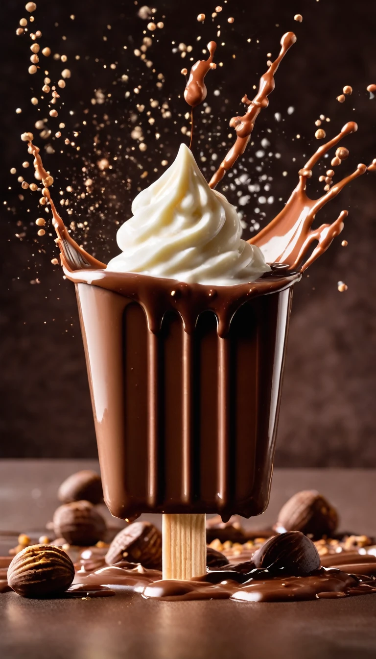 a picture yogurt and chocolate splashing behind a chocolate hazelnut popsicle like in a commercial