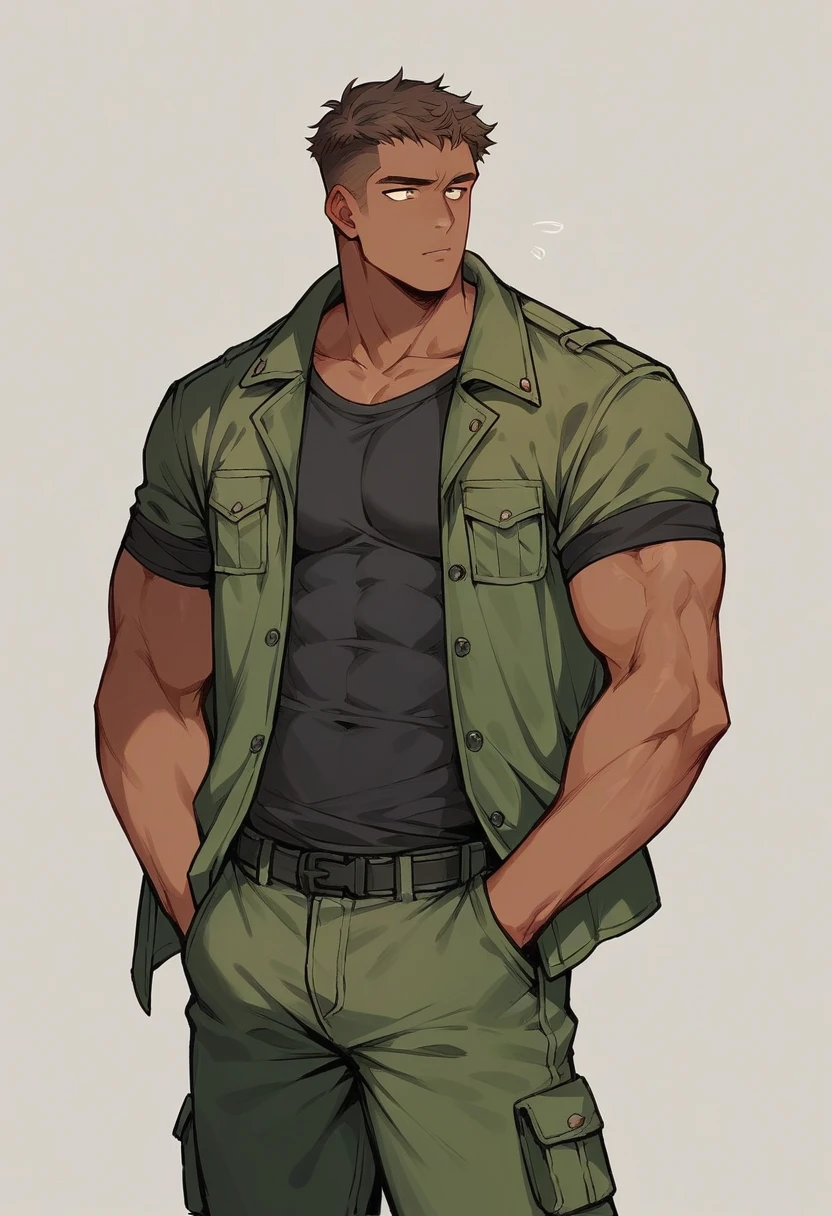 Boy with dark and wavy hair that covers his eyes, slightly brown skin, military green jacket, basic black t-shirt, cargo pants of a slightly darker green than his jacket, skinny and tall character slightly marked with muscles
