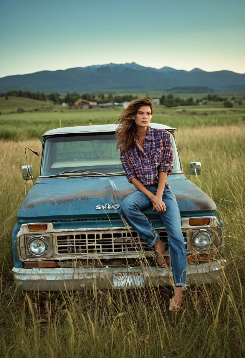 A stunning medium range shot photo by Steven Klein of a young supermodel in flannel shirt and denim pants perched atop an old, weathered blue matte pickup truck. She exudes confidence and grace as she poses barefoot amidst tall wild grass. The rustic fence and quaint farmhouse in the background hint at a serene countryside setting. A majestic mountain row looms in the distance, adding depth and scale to the scene. The overall atmosphere of the photo is natural and serene, capturing the essence of a perfect summer day., photo