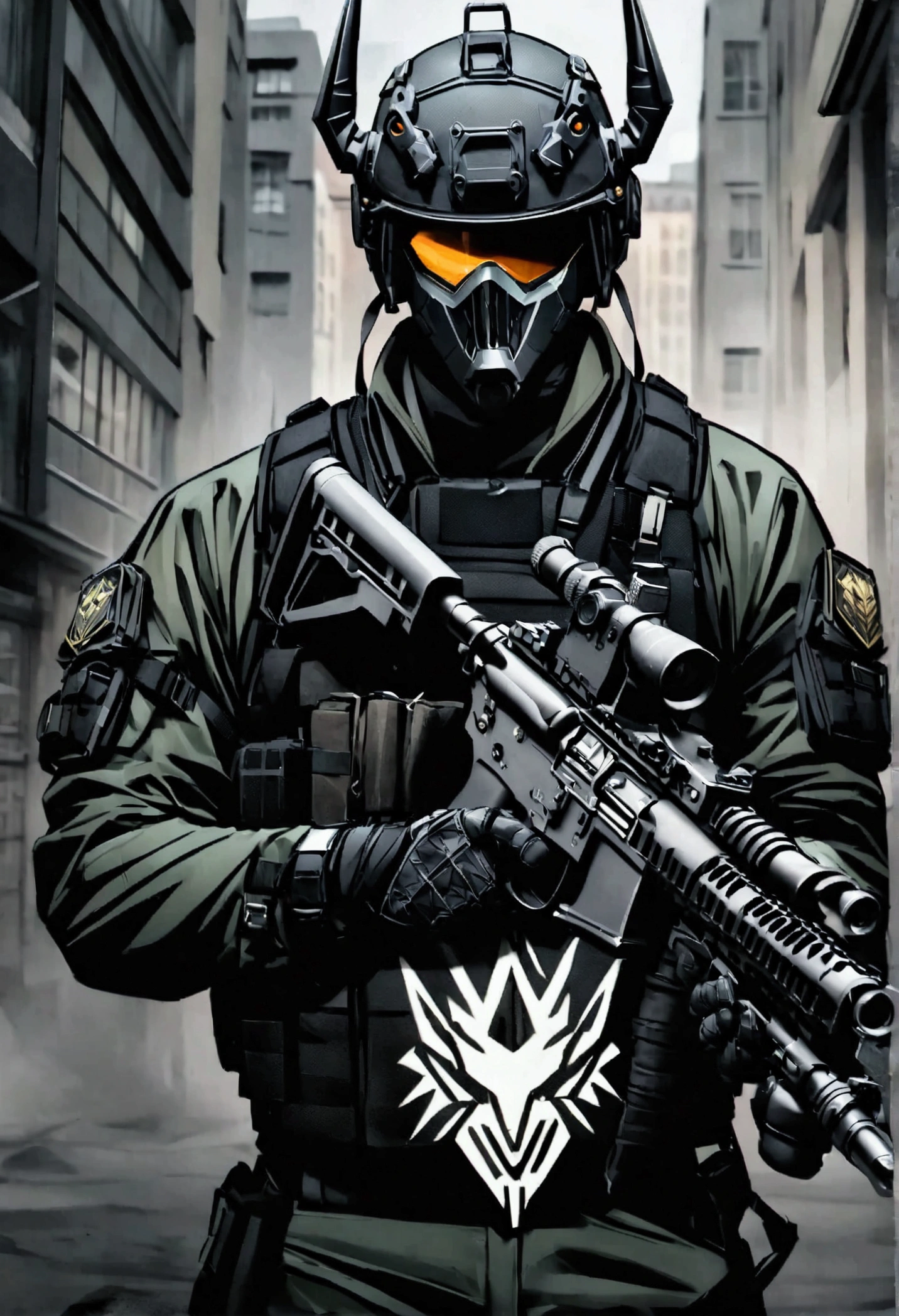 A logo for the Airsoft team. "Nordic Strike Force." The design features a fierce, stylized viking warrior in profile facing right, wearing a camouflaged military helmet equipped with night vision that mimics the modernized look of American seals.. The warrior has a black beard and armor adorned with intricate Norse patterns.. In the background, Prominently displayed, They are the silhouettes of a modern M4A1 rifle and an ax., symbolizing precision and experience. The team name, "Nordic Strike Force," is subtly emphasized in the background. The overall design is bold., inspiring, and easily recognizable, Capturing the essence of the Nordic warriors combined with the modernity of a special tactical unit.. The absence of horns in the design ensures a sophisticated and professional appearance..