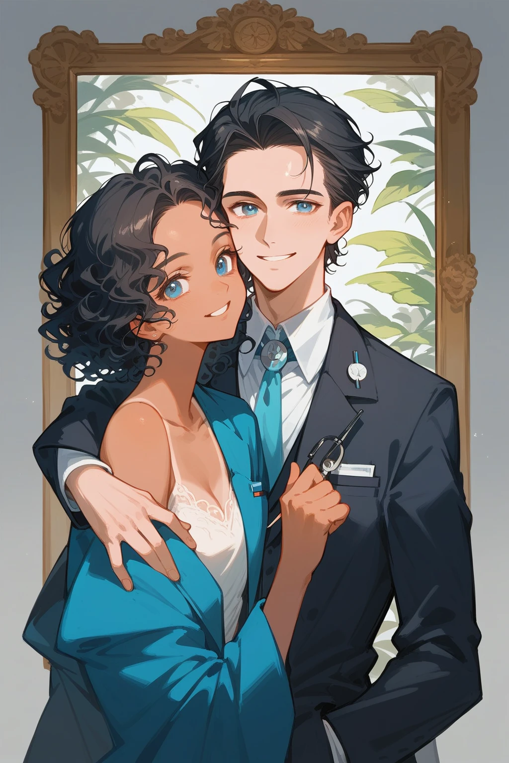 (( straight face picture )) ((best quality)), (Masterpiece)), (details), ( Beautiful colors ) ( ornamentation )( man ) ,doctorหนุ่ม , Tanned skin , black hair,blue eyes ,Shoulder-length hair ,Slightly curly hair , open forehead , suit ,doctor , smile






