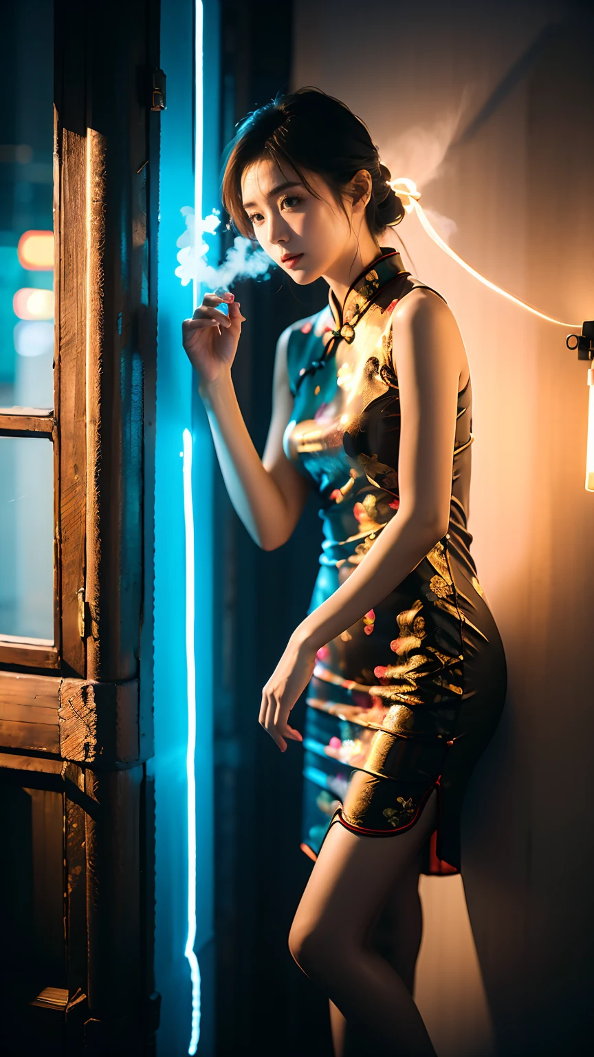 最好的quality,masterpiece,K,A girl,Wearing cheongsam,Leaning against the wall,quality,smokes,neon,High light-dark contrast,Night?,Very detailed,Ultra-clear