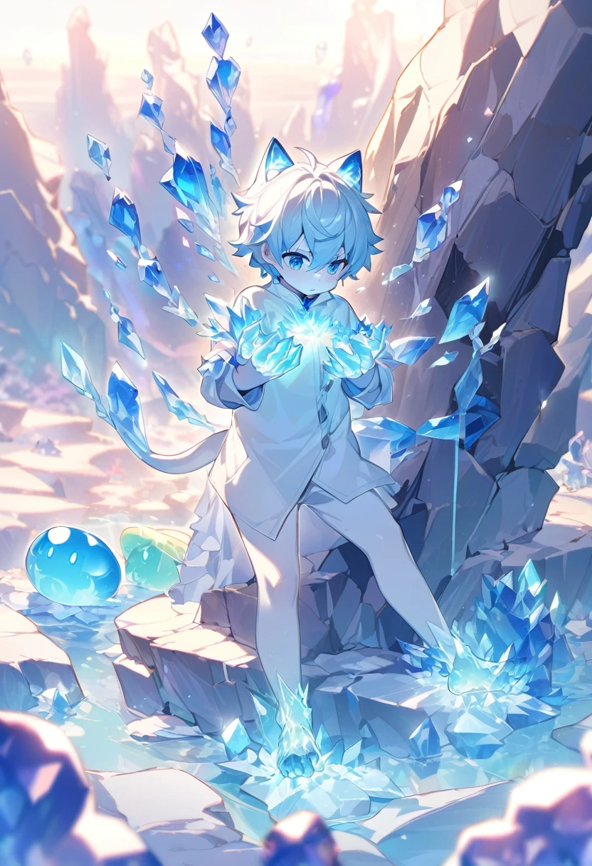 Little male cat,boy,There is a tail,cute,Thin,struggle,Everlasting,Crystallization,Blue slime,Feet turned into crystal,Hands turn into crystal,Crystal Spread Feet,Crystal feet,Crystal hands,illumination,freeze,脚被freeze,charming,boy们 ,蓝色Crystal feet,穿着Tight Fit衣,plastic,Full body portrait,smooth,全身Tight Fit衣,Thin,Light blue gel coat,Full body gel coat,outdoor,Naked,Small pants,Tight Fit,No clothes