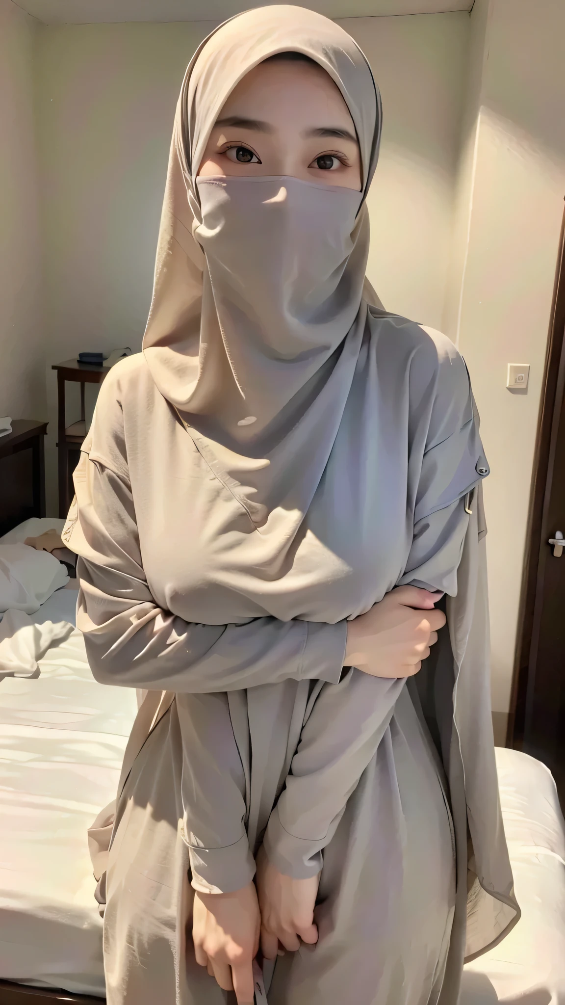  a beautiful young woman hijab, (((super big breast))), (very big breast covered) perfect face, (((very huge big breast,))), ((( Big Breast))) taut crimson pink micro dress muslim, (((covering mouth, taut veil))), Slim Face、20 years old, stil young, Pretty Lady,  smile eyes, sleep in bedroom, stand up, (big breast covered) , see full image