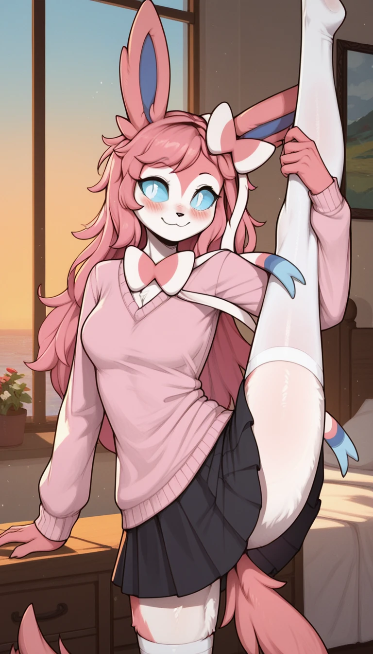 Excited expression, 1girl, anthro, furry, fur, fluffy fur, sylveon girl, pink hair (cyan highlights), cyan sclera, white eyes, long pink hair, Messy hair, (19 years), medium breast, thighs, solo, (bedroom), sunset, detailed, pink sweater, black skirt, white stockings, wide smile (closed mouth), looking at the viewer, blush, standing_split, score_9, score_8_up, score_7_up, score_6_up, score_5_up, score_4_up