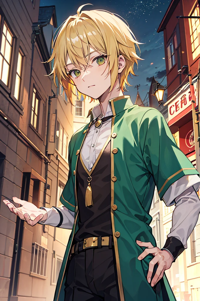 Man Magician Medieval Blonde Hair Green Tunic Brown Eyes Responsible Medieval Anime City Background Male