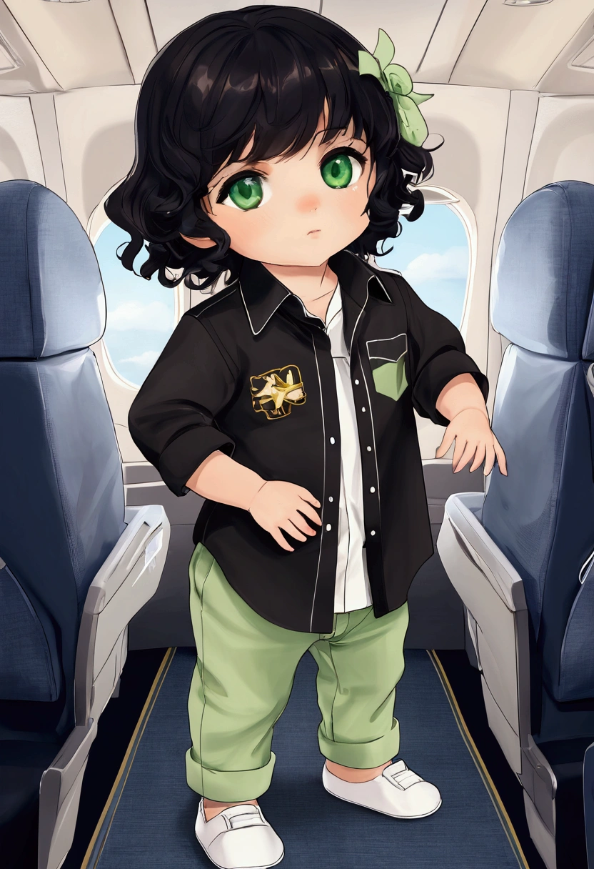 1 year old baby, gender , green eyes, wavy black hair, nice and small, Clothes:An airplane-shaped shirt and airplane-shaped pants