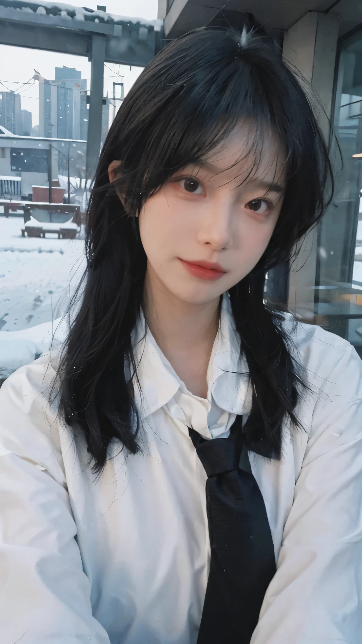Best quality，masterpiece，Ultra-high resolution，snow，16K,Snow background，（Photo Realism：1.4),1 Girl，JK，Sexy，（Shirt and Tie：1.2),（Big breasts：2.3),（Upper body：1.4)