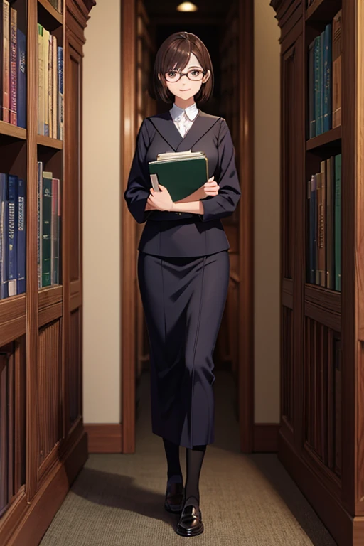 Anime Art、Full body portrait、In the dark library、A woman around 32 years old, about 160cm tall, wearing a black academic gown, standing upright and holding a book、Glasses、Smiling、Short medium length hair that reaches the shoulders、Brown Hair、Dark Eyes、gloves、loafers