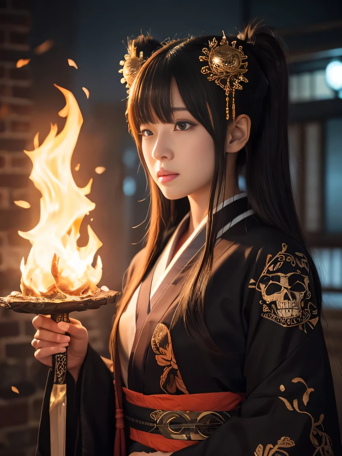 female, Holding a black sickle emblazoned with a symbol of Japan signifying death, Black flames emerge from the decoration., The sickle blade comes out of it.、A black wind blows with the ghost of a skull, Judy female with perfect face and scythe is wearing the appropriate outfit of scythe steel, The female has black hair, The woman is the incarnation of the Grim Reaper., (The background of the CG 8k module is very detailed) (Highest quality), (Best illustrations), (best shade), Very detailed t--v6