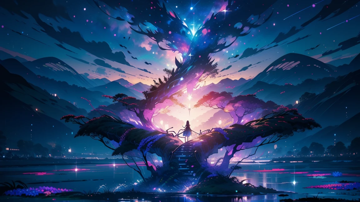 main part, nice, landscape, (((no_Humanos))), night, purple，flower, flower园, Starry Sky, constellation, wonderful, vision, water, Quint, Accompaniment, peaceful, meteor, Cosmic, magic, magic, detailed, fair, ((Piri Lambos))