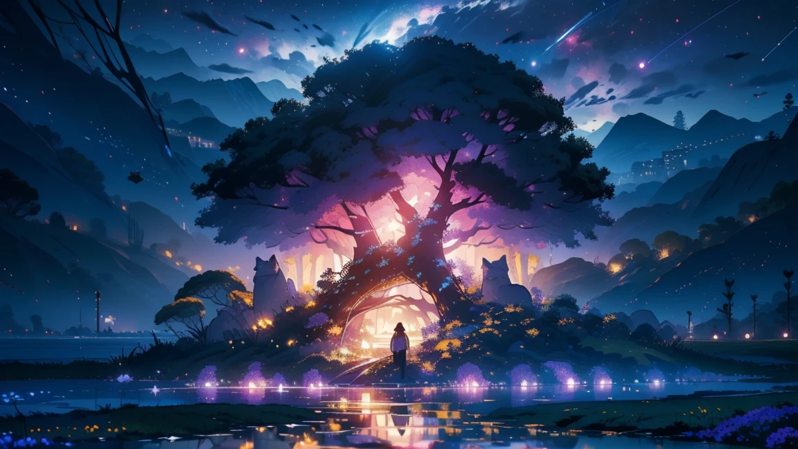 main part, nice, landscape, (((no_Humanos))), ht, purple,flower, flower园, Starry Sky, constellation, wonderful, vision, water, Quint, Accompaniment, peaceful, meteor, Cosmic, magic, magic, detailed, fair, ((Piri Lambos))